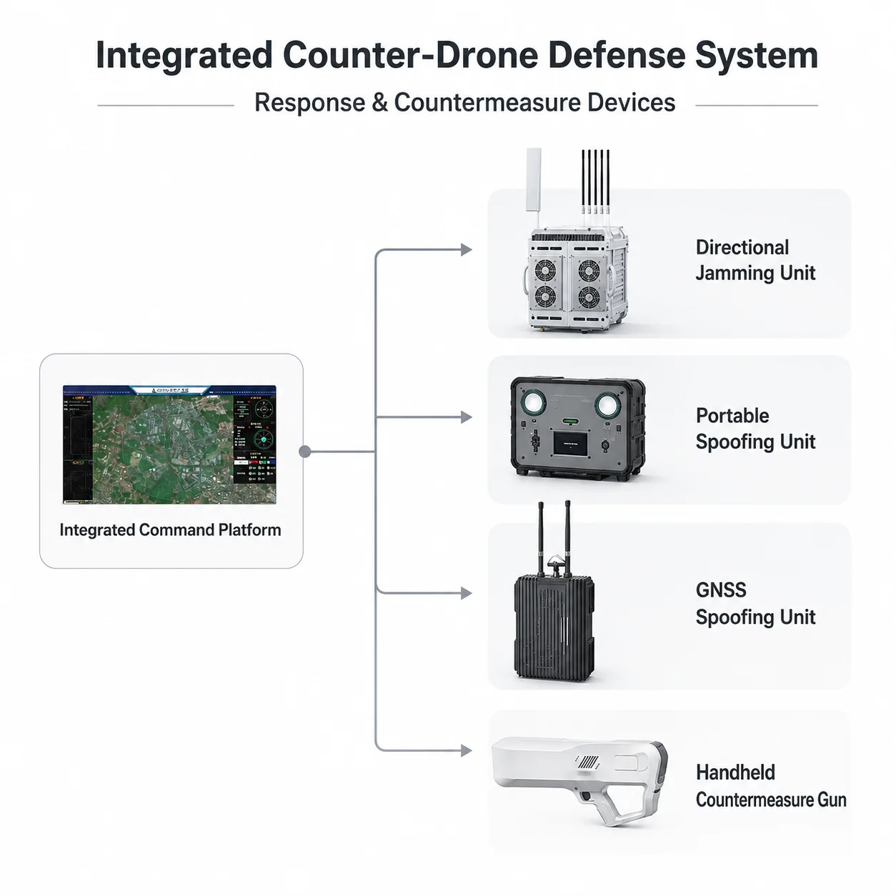 Integrated counter-drone defense system workflow infographic