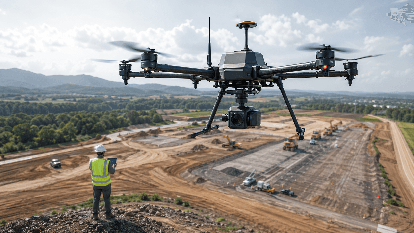 Surveying drone capturing construction site inspection data for mapping and project planning