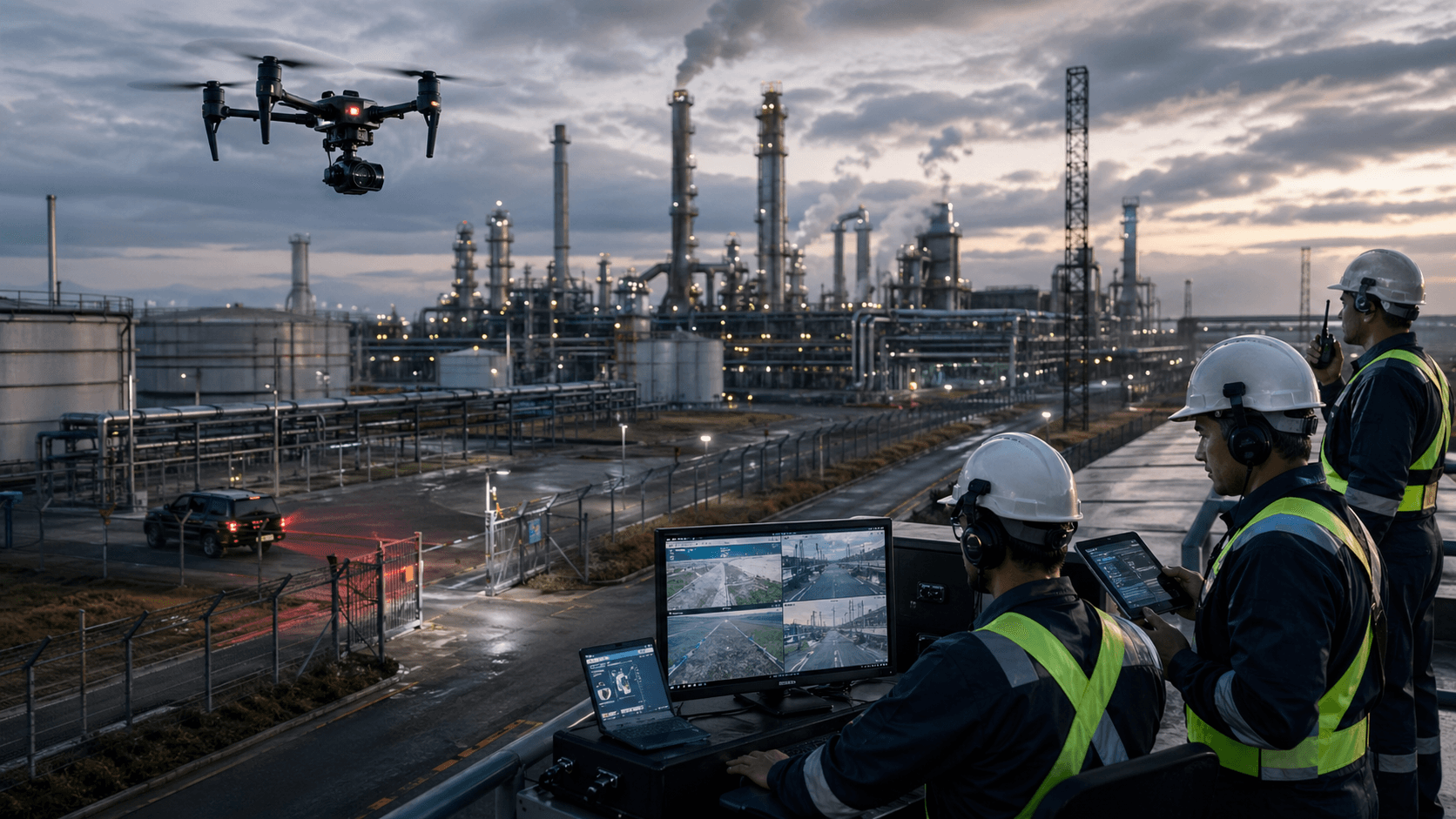 Security patrol drone monitoring an industrial facility with command center oversight