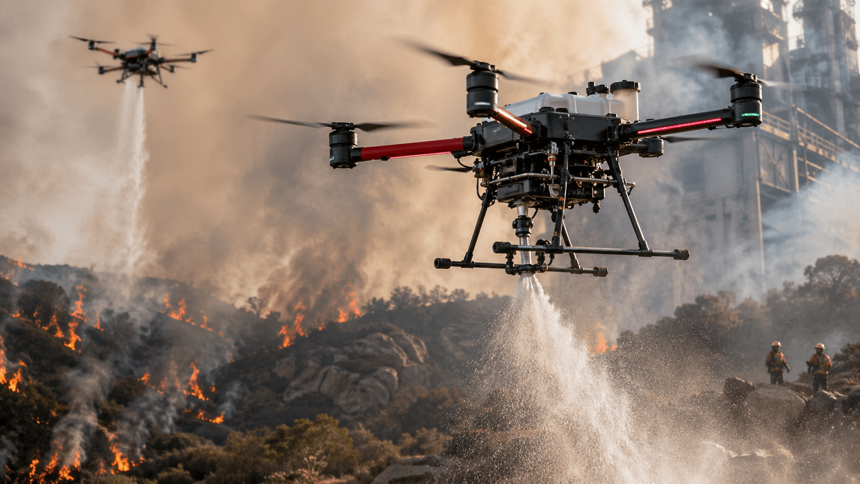 Firefighting drone spraying water over an active wildfire front