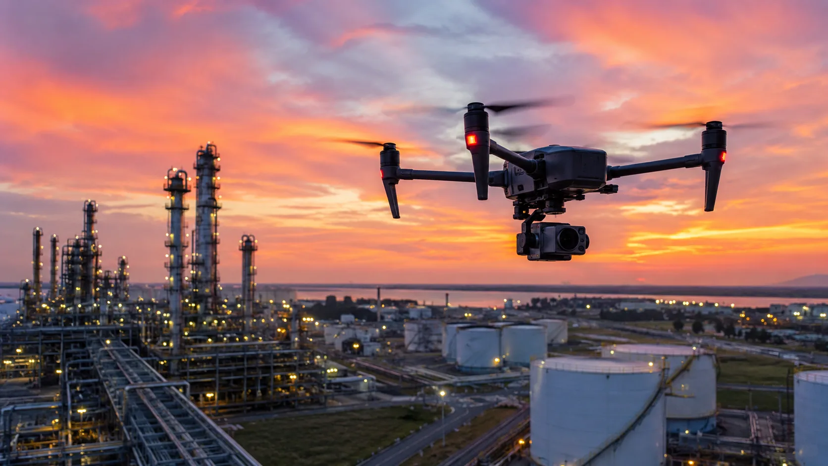 Industrial inspection drone flying above an oil refinery at sunset for enterprise UAV operations.