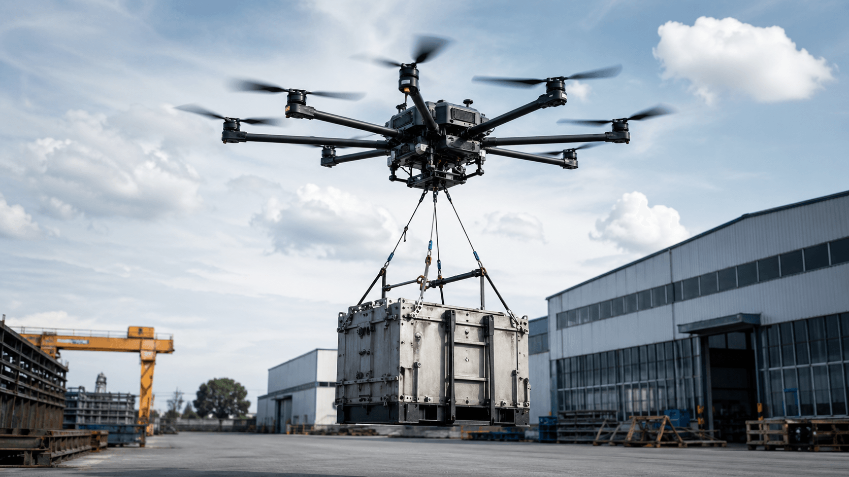 Heavy-lift drone transporting industrial cargo in a remote logistics mission