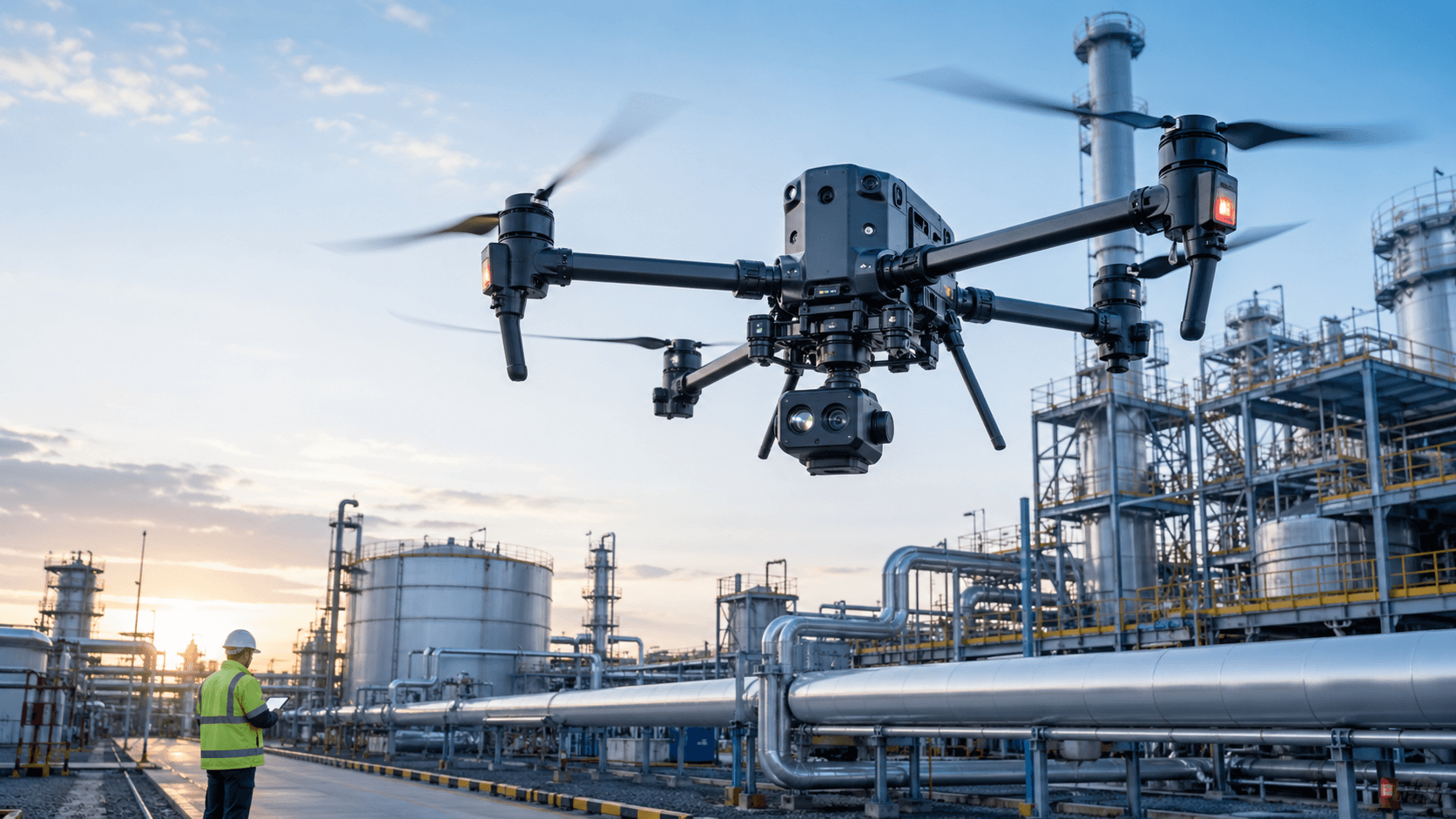 Industrial inspection drone operating over an oil refinery with field operator support