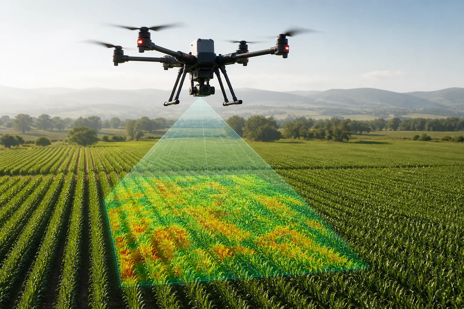 Agricultural drone performing multispectral scanning for crop health mapping and stress detection