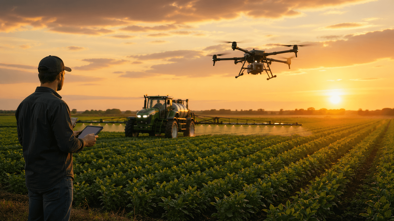 Agricultural drone spraying crop field at sunset for precision farming operations