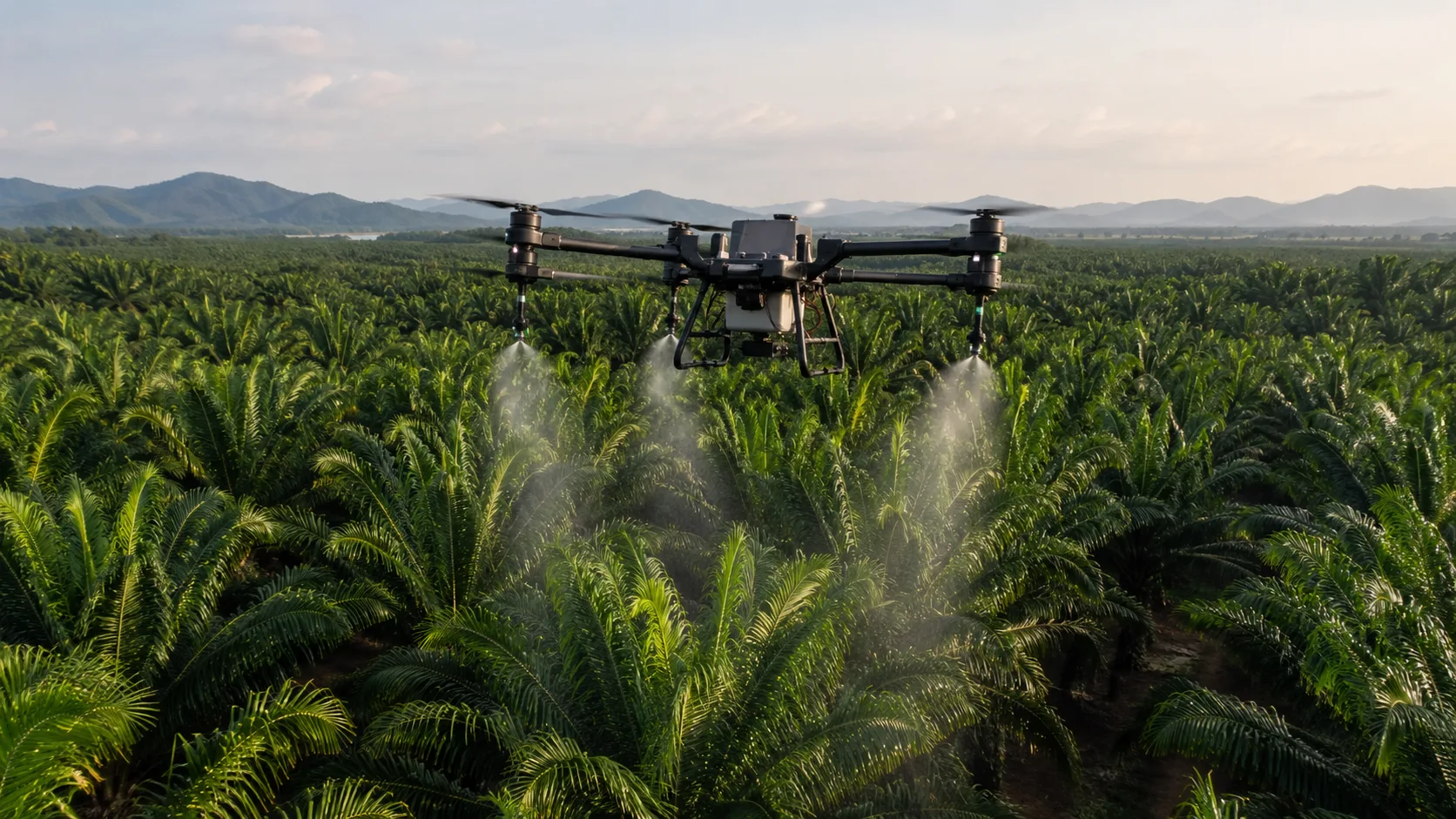 Agricultural drone spraying over an oil palm plantation for pest control and crop health monitoring