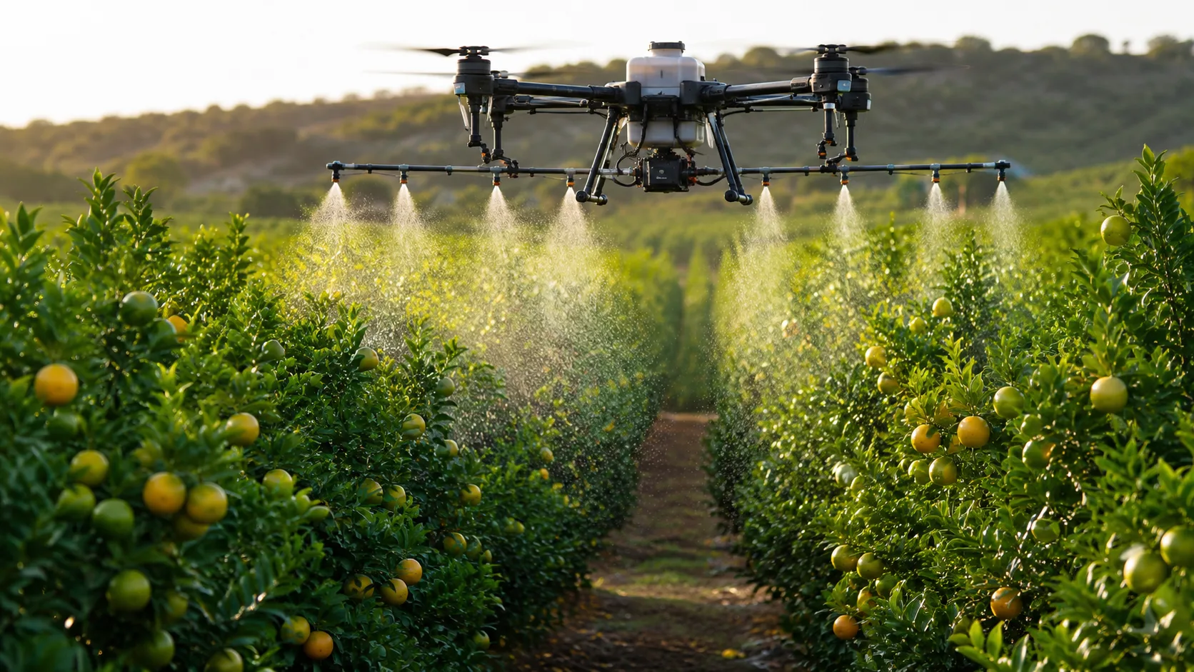 Agricultural drone spraying pesticide across a citrus orchard to improve treatment efficiency