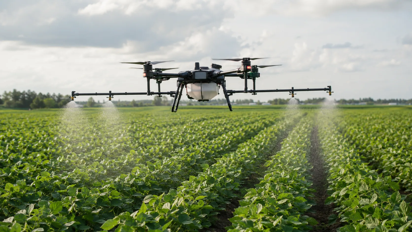 Agricultural drone spraying a soybean field for precision farming on large-scale agricultural operations