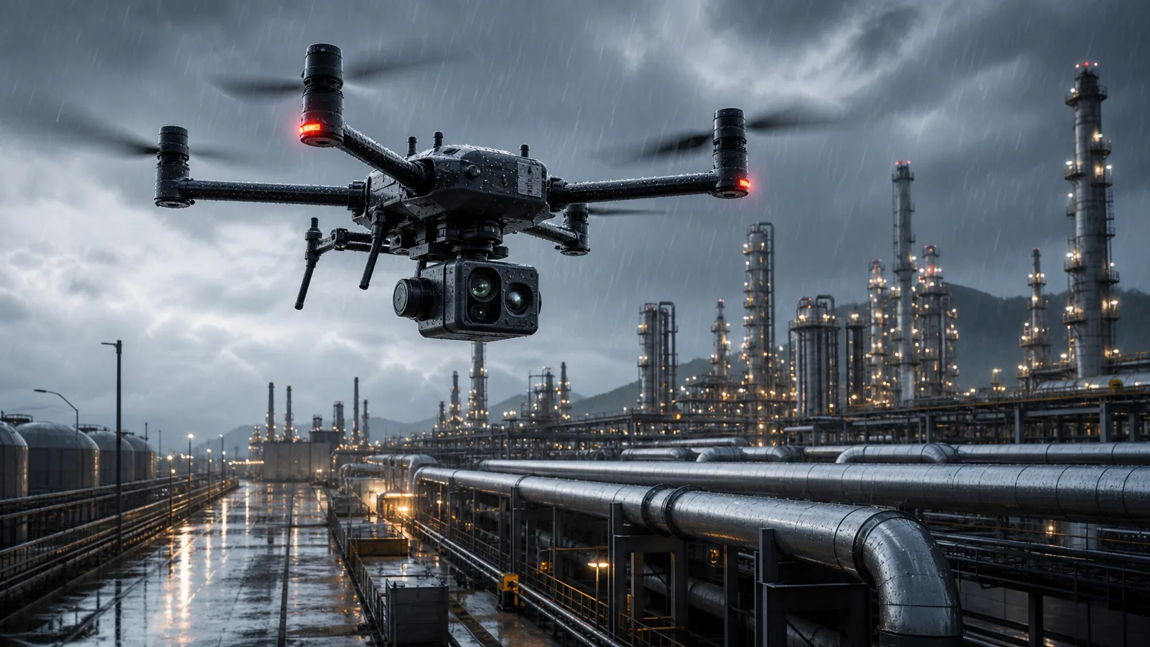 All-weather industrial inspection drone flying near oil refinery pipelines during rainy conditions