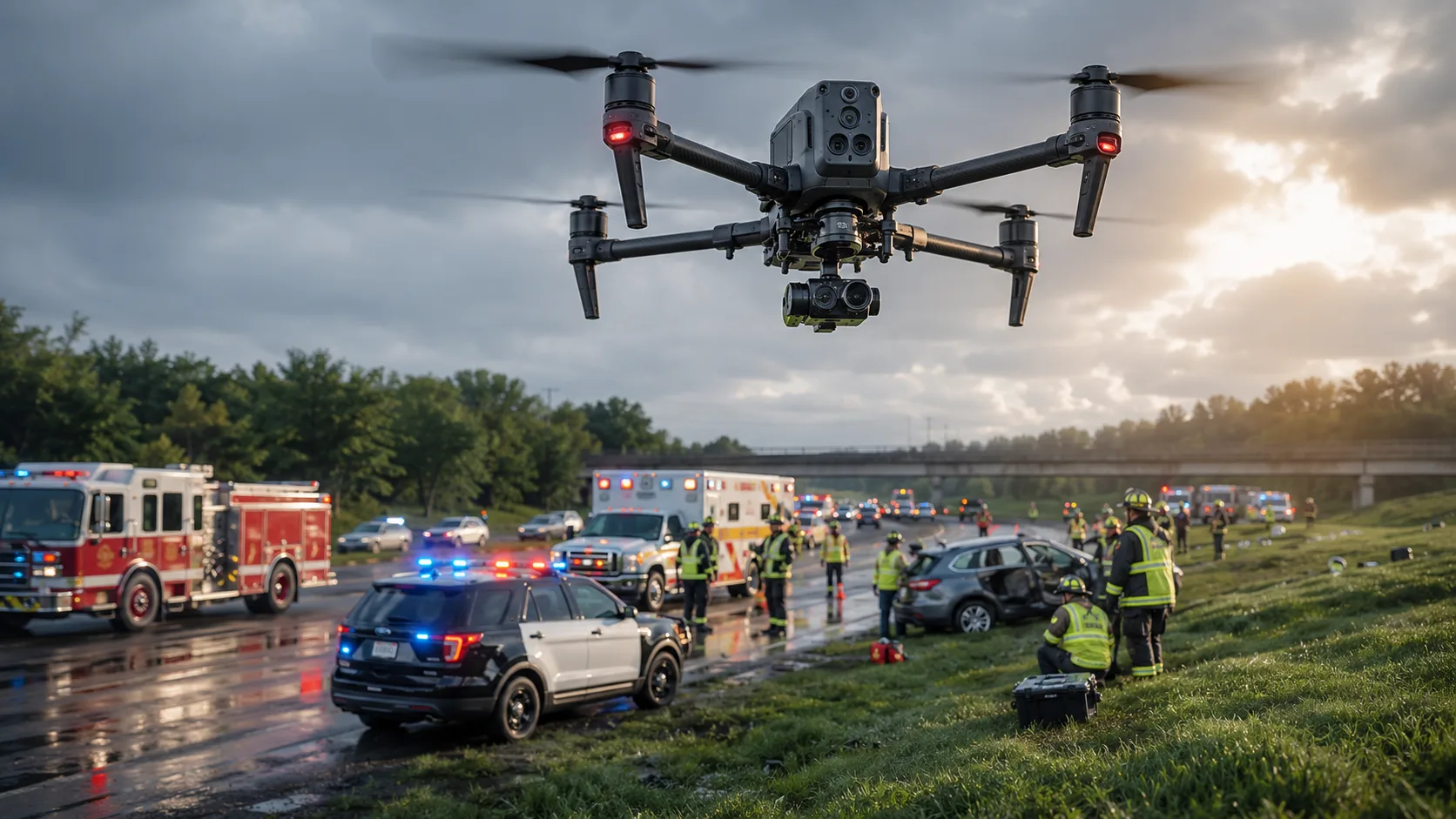 Emergency response drone providing aerial surveillance over a highway accident scene