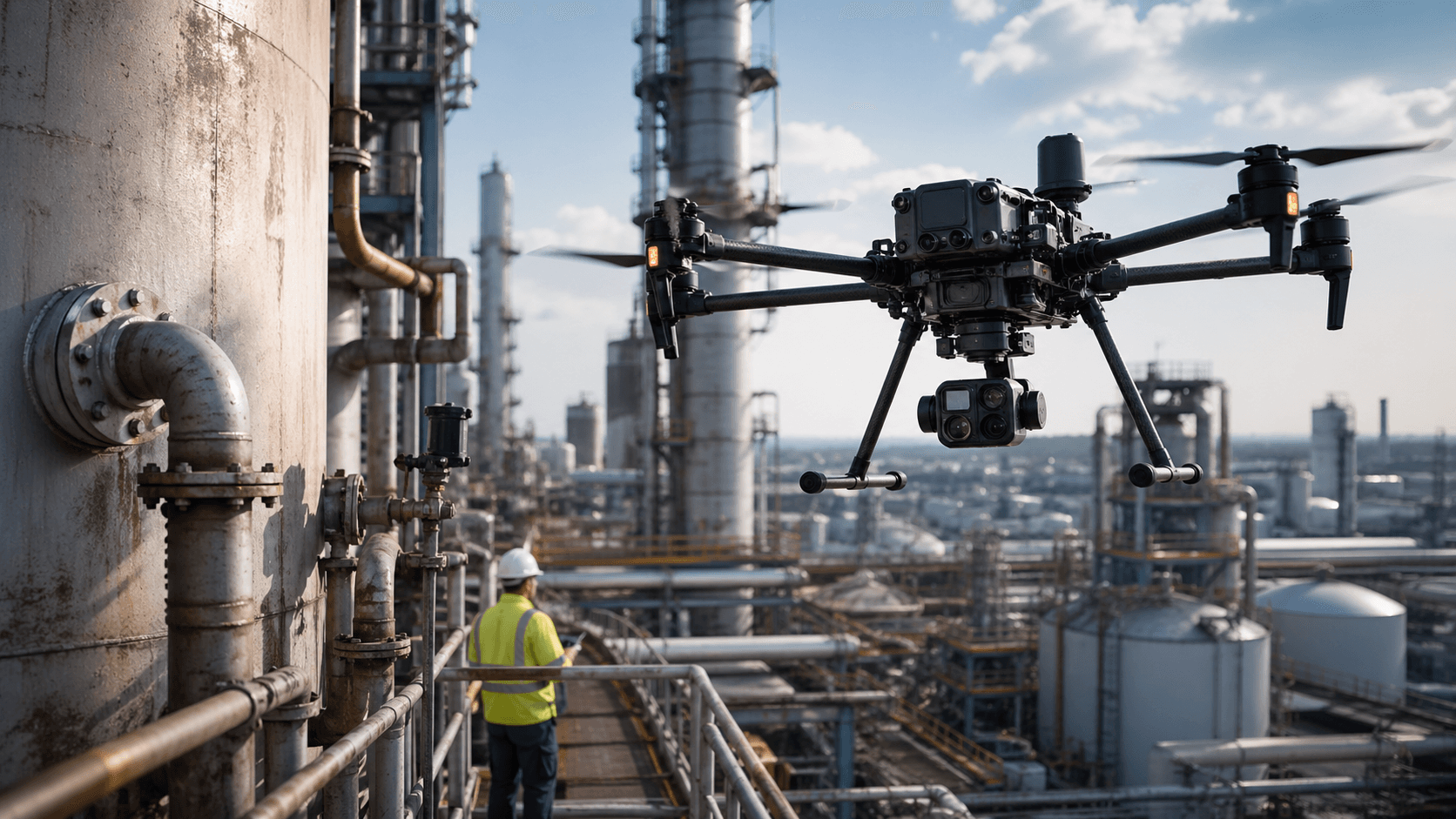 Industrial inspection drone surveying oil refinery infrastructure for asset monitoring