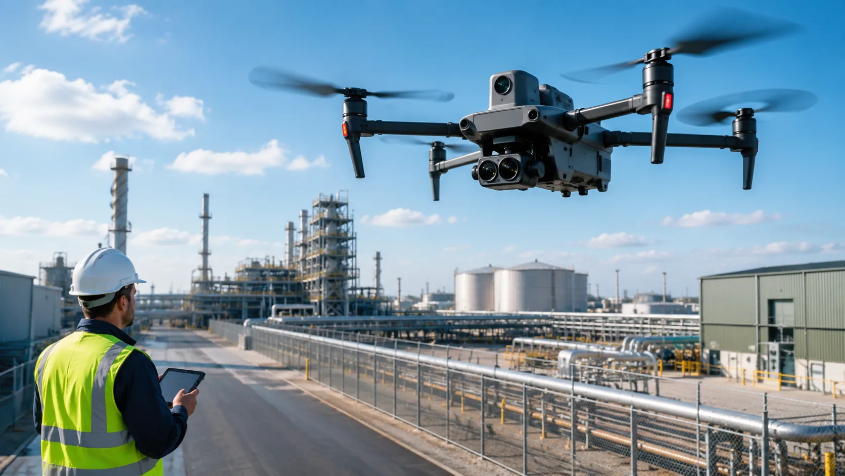 Industrial inspection drone operations at a petrochemical plant with field operator tablet monitoring