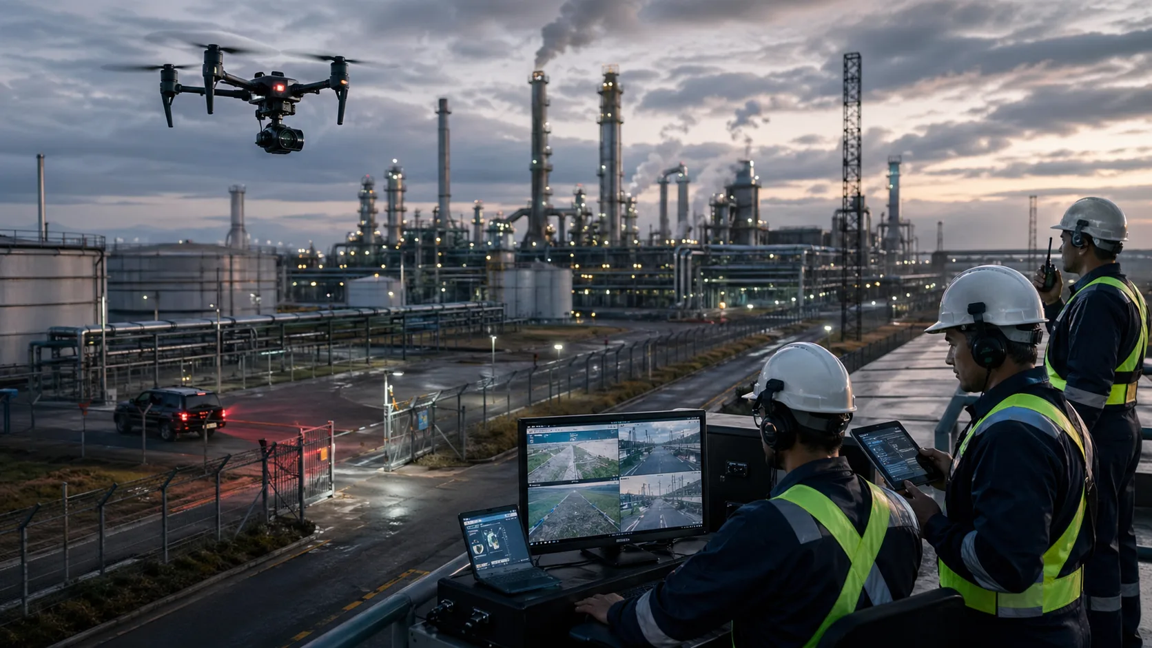 Security drone monitoring an industrial facility with real-time aerial surveillance support