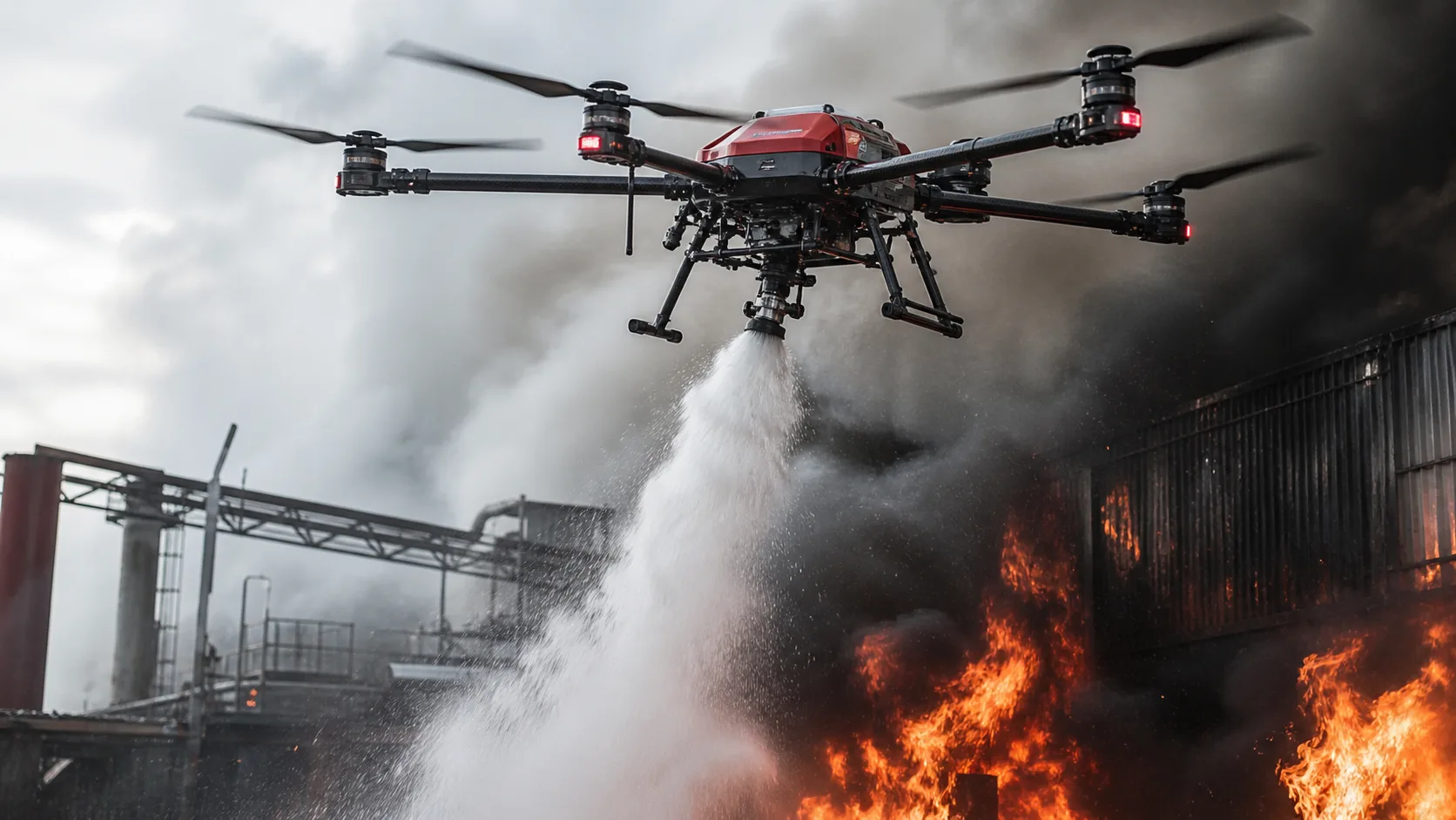 Firefighting drone spraying water over an industrial facility fire for rapid situational response