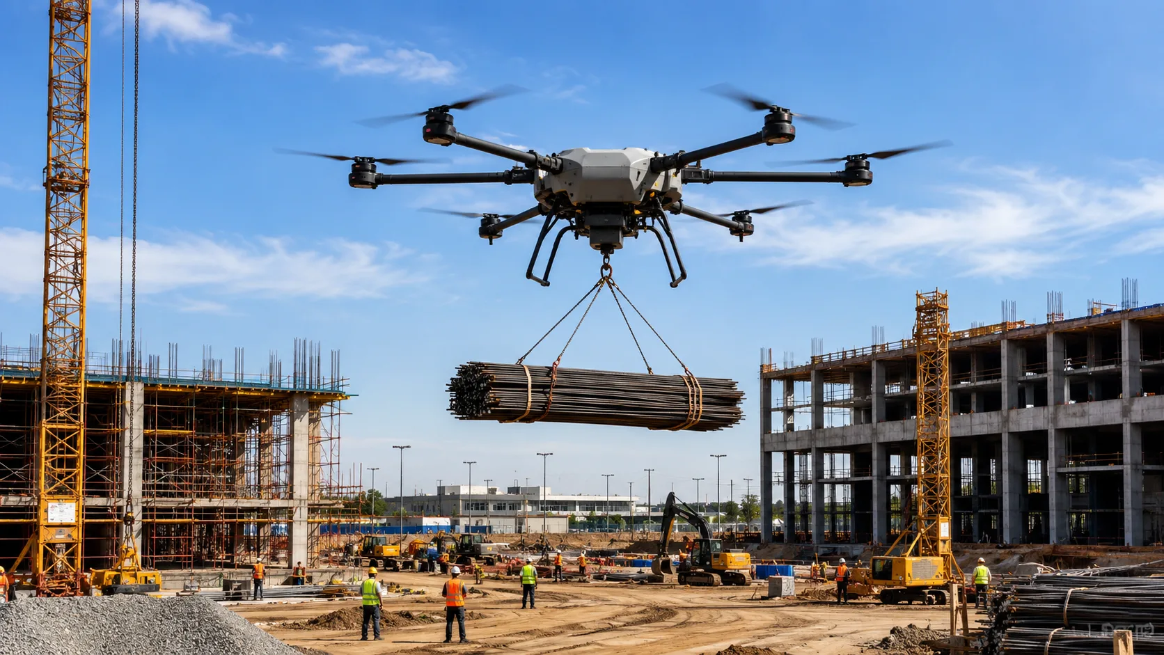 High-payload heavy-lift drone transporting steel rebar across a large construction site