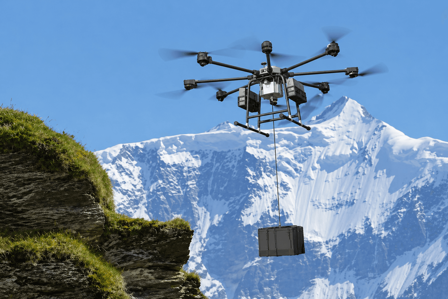 Heavy-lift octocopter drone delivering cargo in alpine mountain terrain
