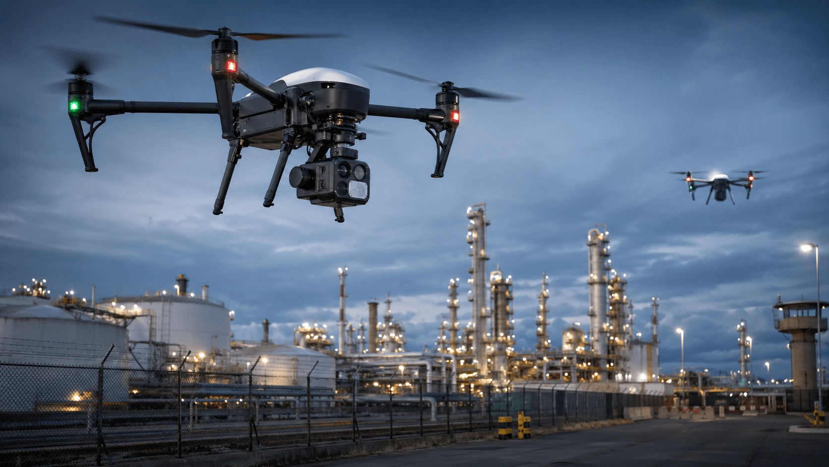 Industrial security UAV performing night perimeter patrol over an oil refinery with thermal situational monitoring
