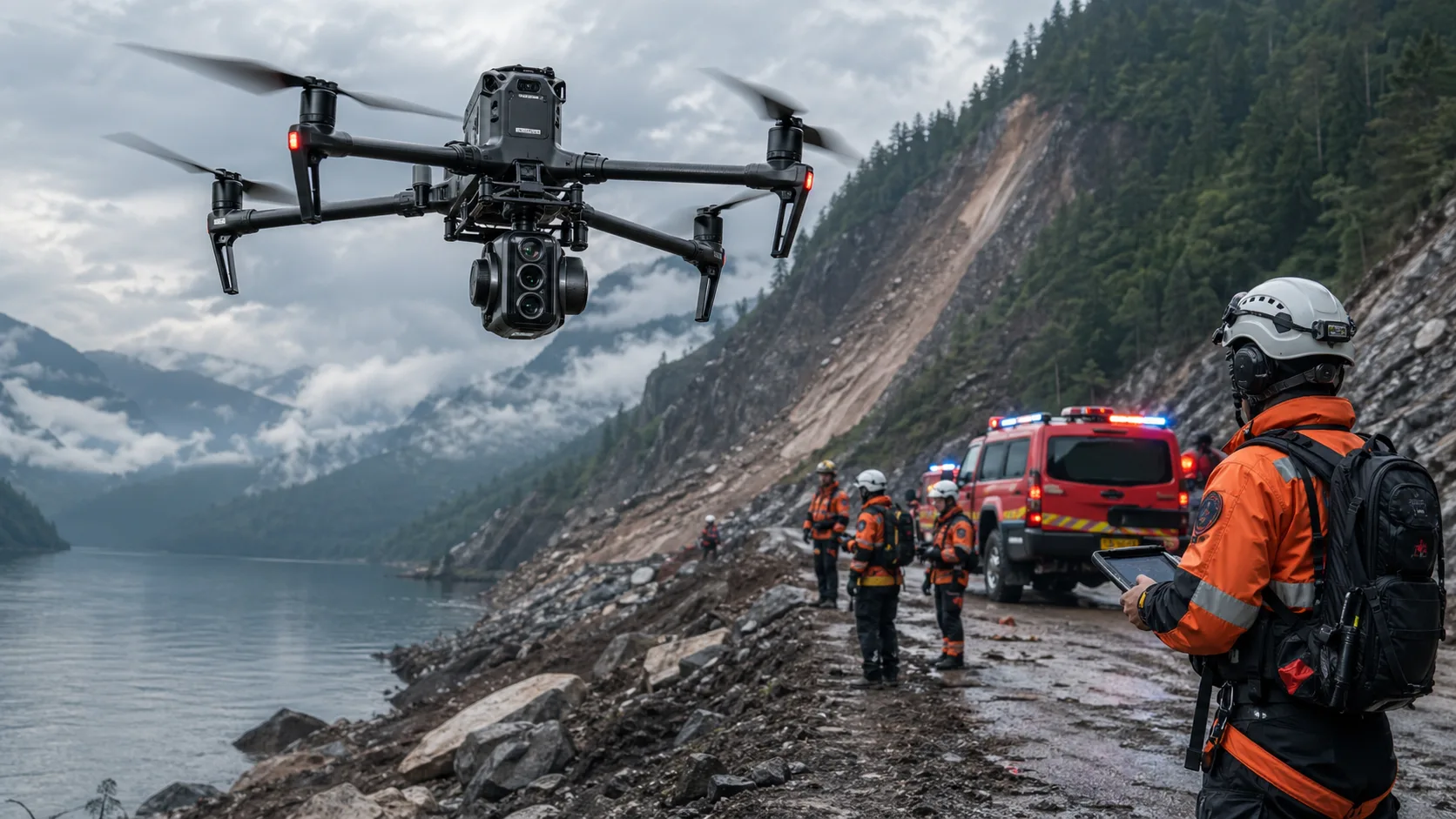 Thermal imaging drone supporting public safety search and rescue over a landslide emergency zone