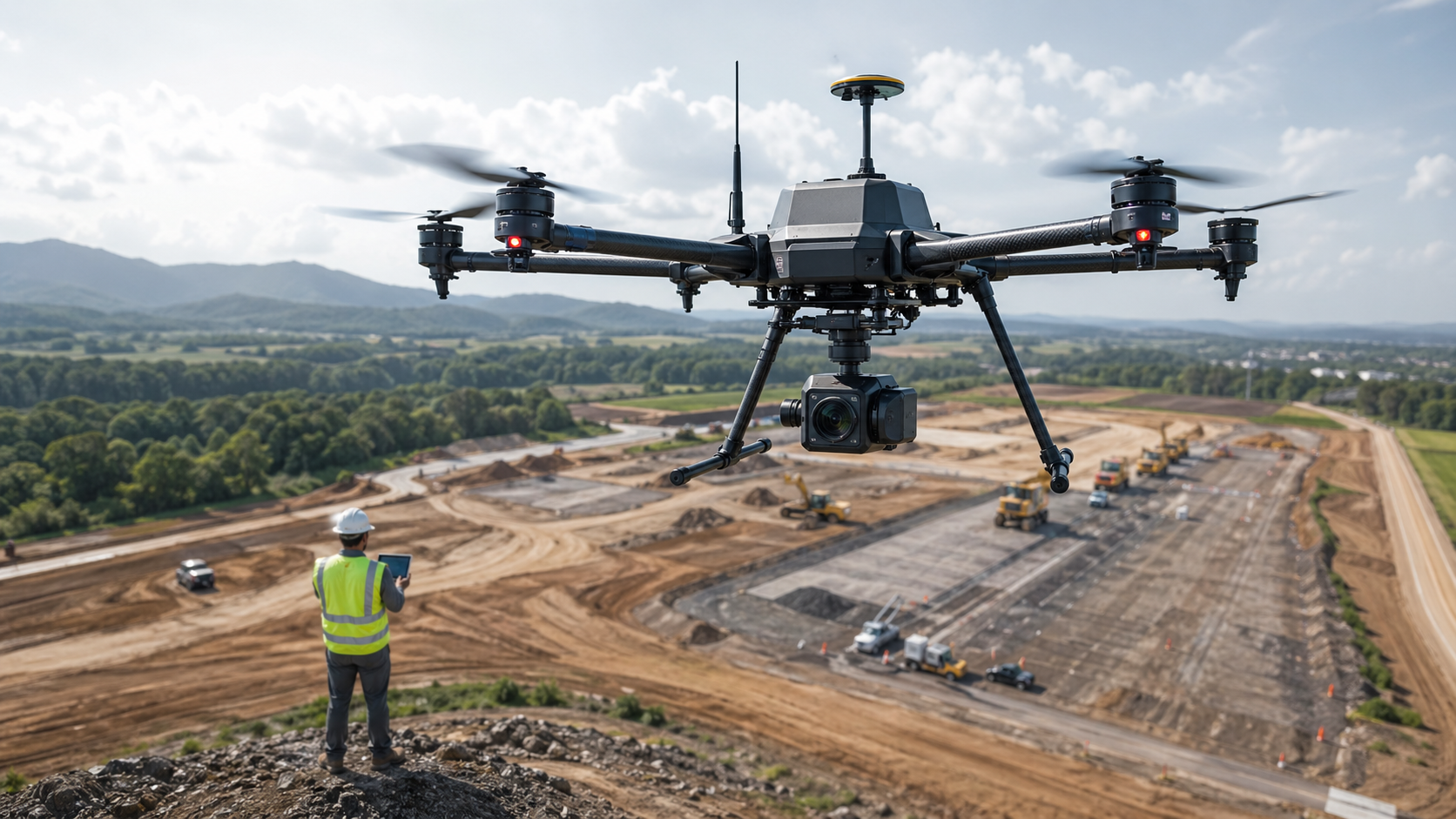 Surveying drone capturing construction site inspection data for mapping and project planning