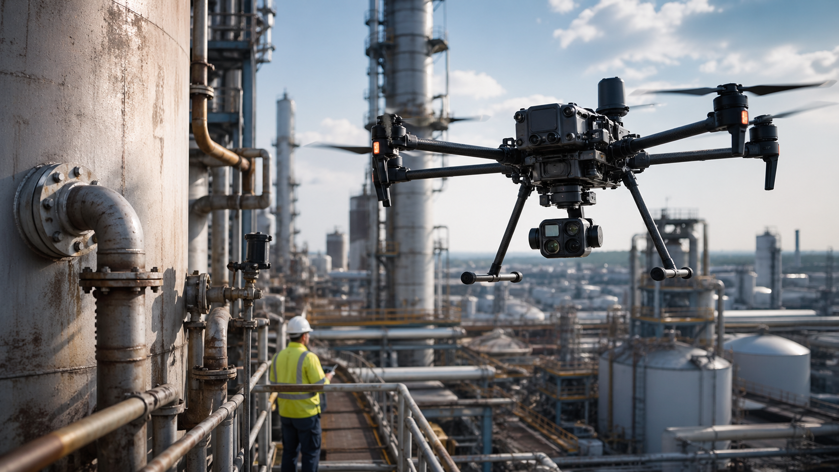 Industrial inspection drone surveying oil refinery infrastructure for asset monitoring