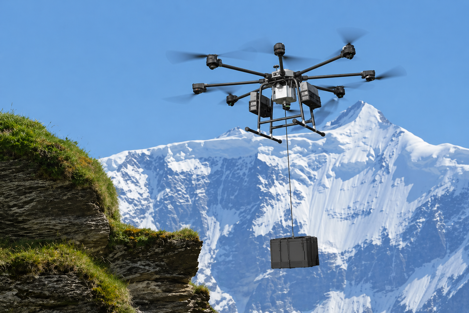 Heavy-lift octocopter drone delivering cargo in alpine mountain terrain