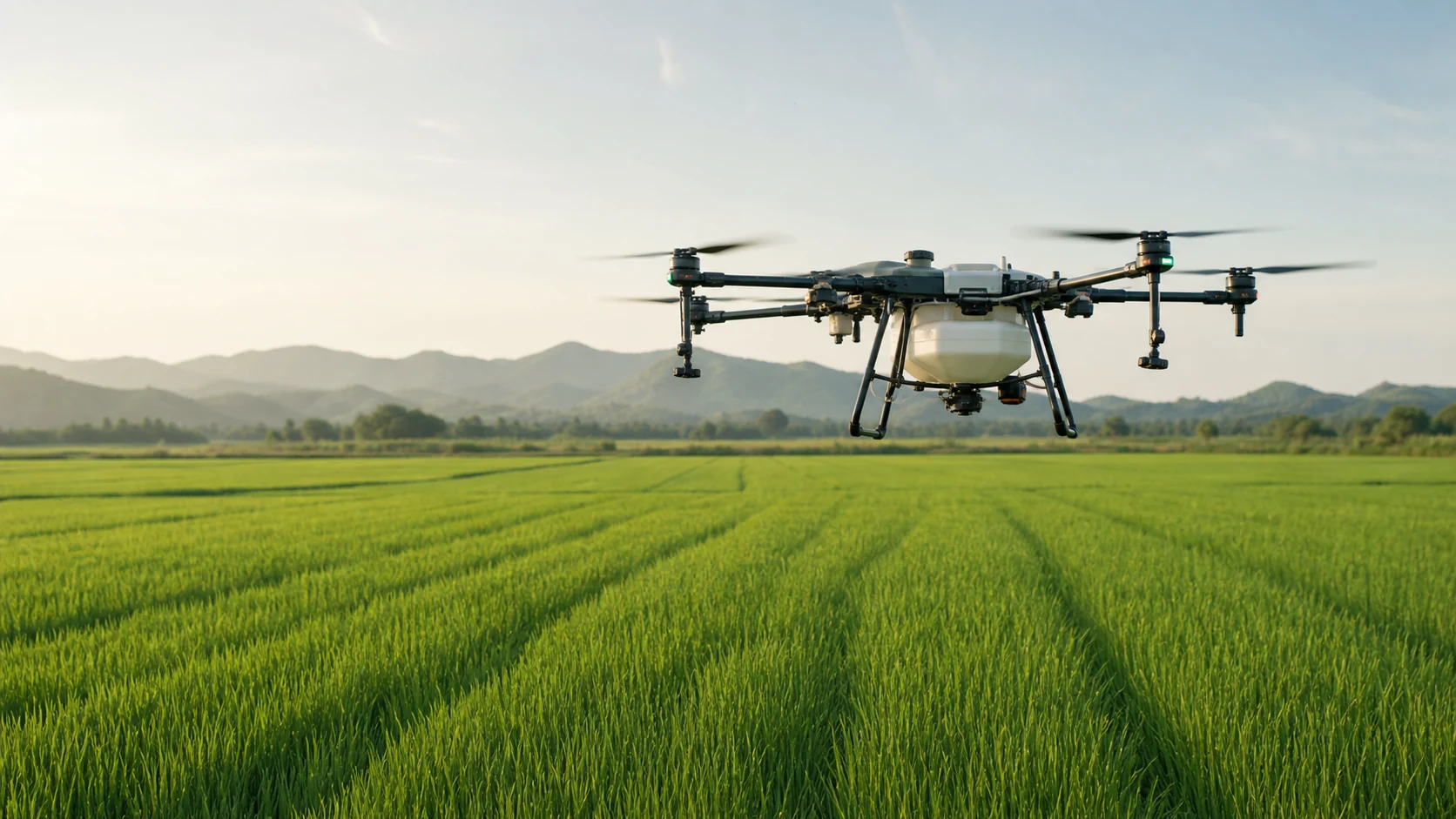 Agriculture drone flying above green rice fields in China